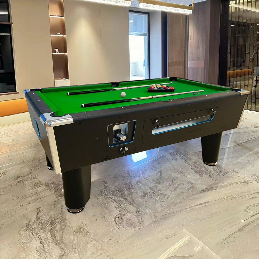 CUETIQ 7FT/8FT Coin-Operated Pool Table – MDF/Marble Top Options, Ball Storage Box, Stable Steel Frame, Black Edge Design - Green