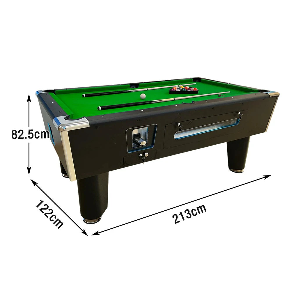 CUETIQ 7FT/8FT Coin-Operated Pool Table – MDF/Marble Top Options, Ball Storage Box, Stable Steel Frame, Black Edge Design - Green