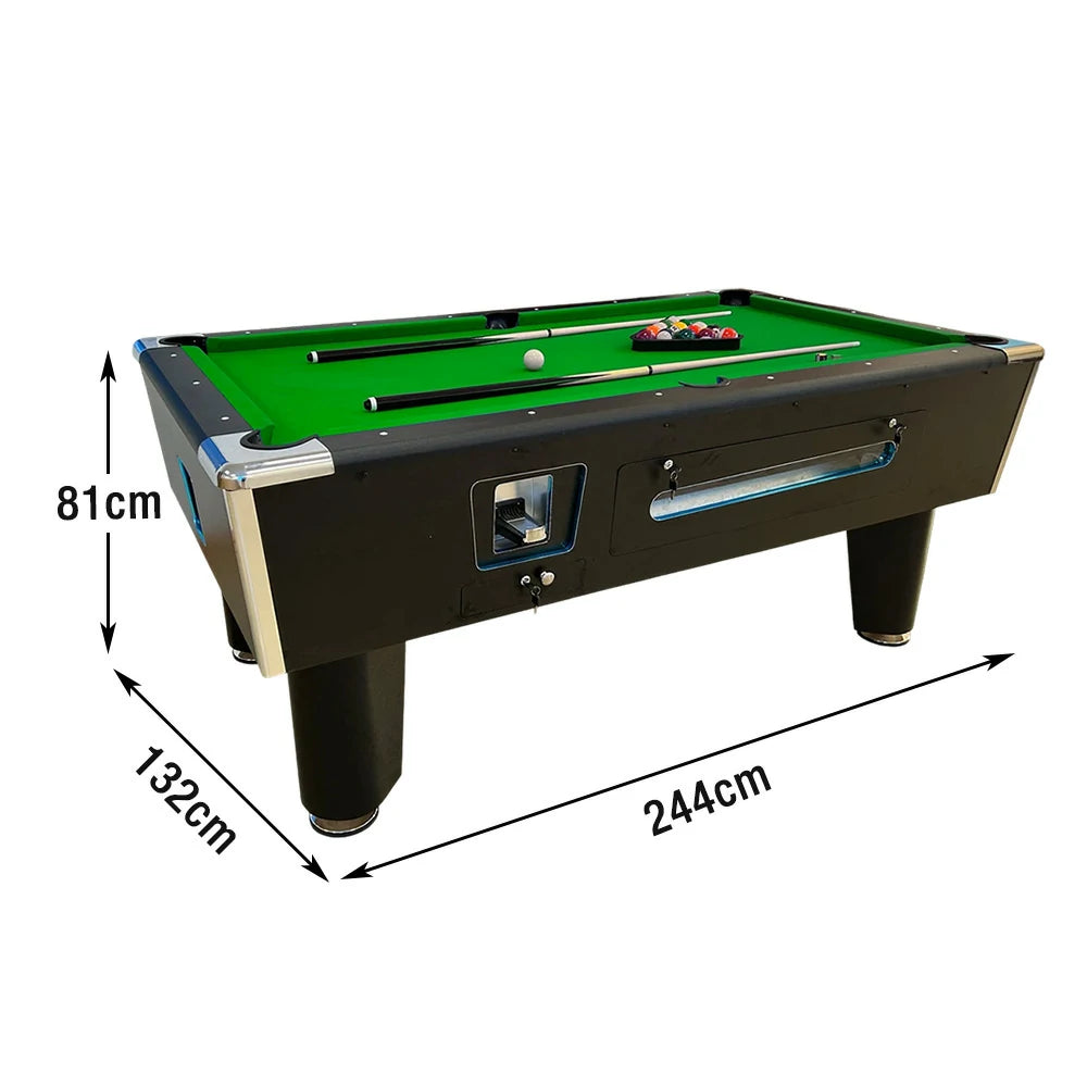 CUETIQ 7FT/8FT Coin-Operated Pool Table – MDF/Marble Top Options, Ball Storage Box, Stable Steel Frame, Black Edge Design - Green