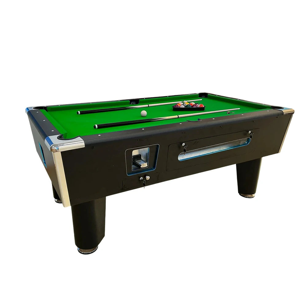 CUETIQ 7FT/8FT Coin-Operated Pool Table – MDF/Marble Top Options, Ball Storage Box, Stable Steel Frame, Black Edge Design - Green