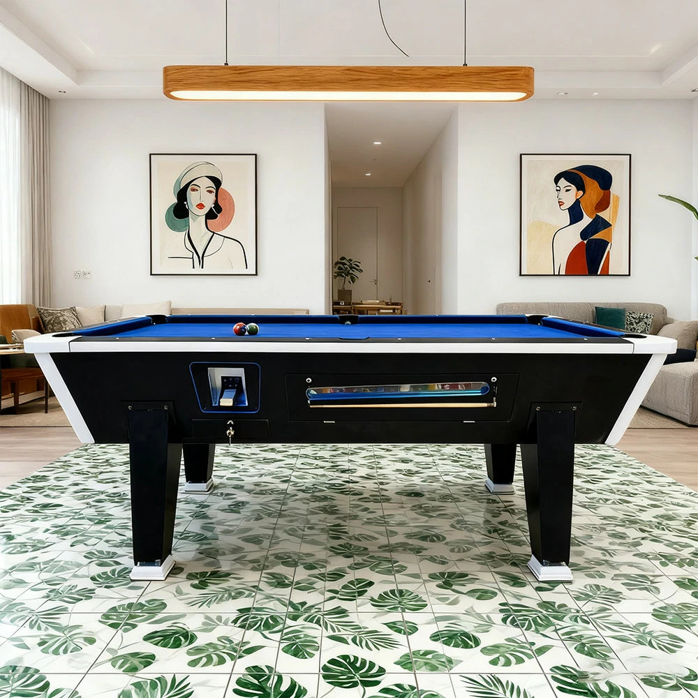 LIVARA 7FT/8FT Coin-Operated Pool Table – MDF/Marble Top, Ball Storage Box, Reinforced Iron Legs, Black Border Design - Blue