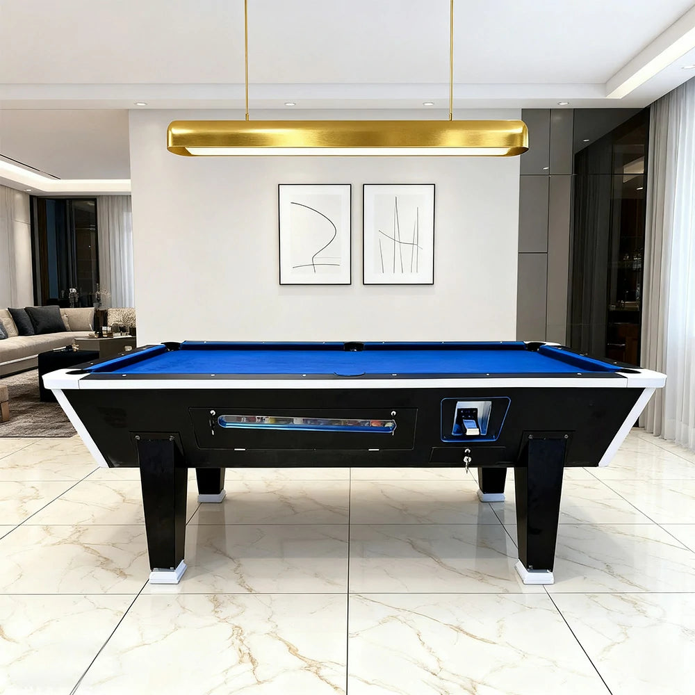 LIVARA 7FT/8FT Coin-Operated Pool Table – MDF/Marble Top, Ball Storage Box, Reinforced Iron Legs, Black Border Design - Blue