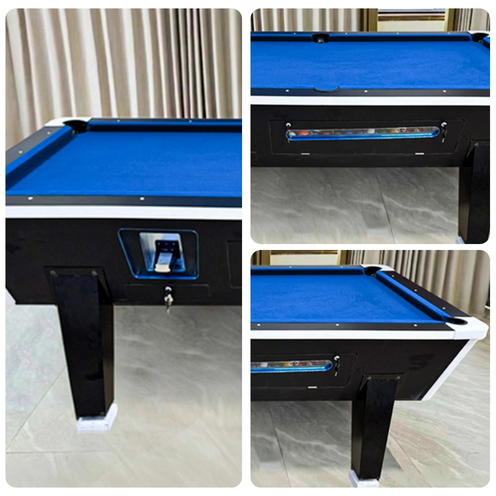 LIVARA 7FT/8FT Coin-Operated Pool Table – MDF/Marble Top, Ball Storage Box, Reinforced Iron Legs, Black Border Design - Blue