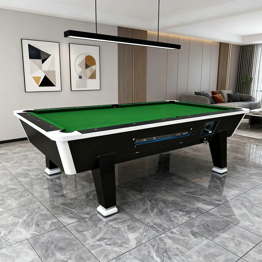 LIVARA 7FT/8FT Coin-Operated Pool Table – MDF/Marble Top, Ball Storage Box, Reinforced Iron Legs, Black Border Design - Green