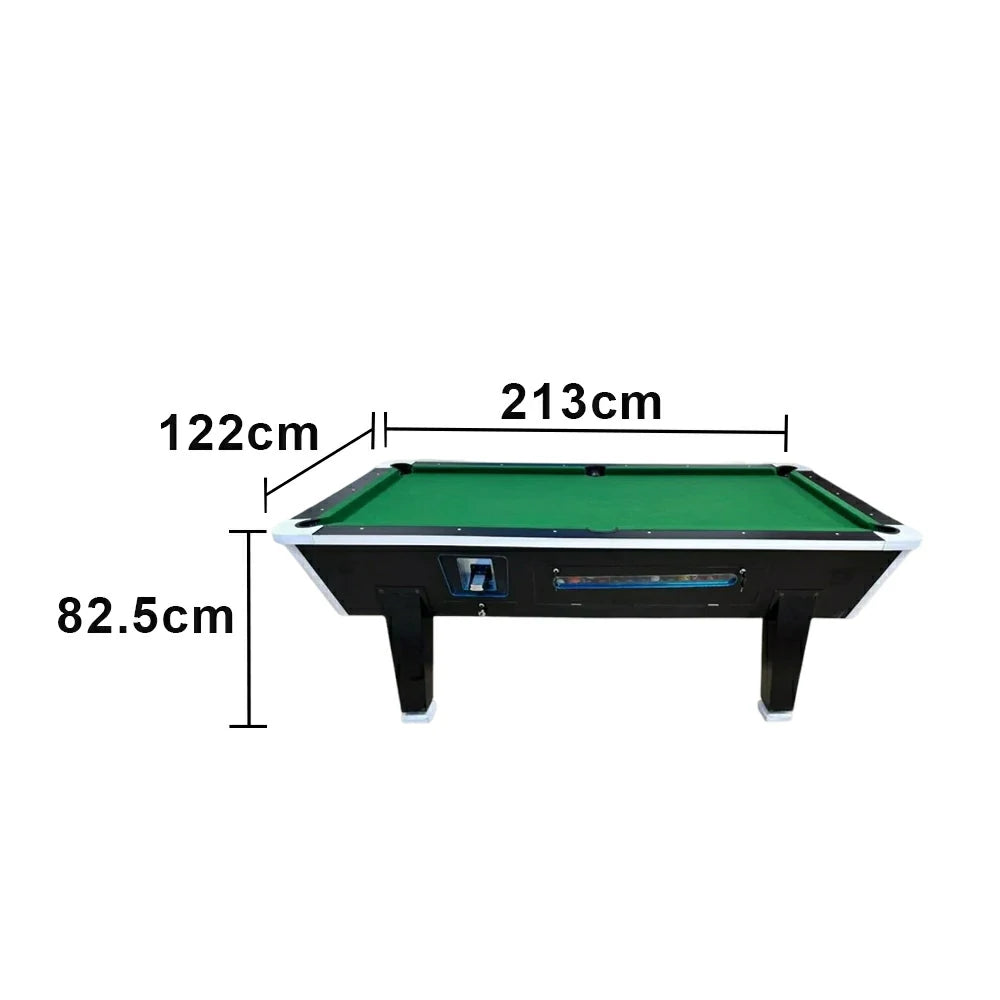 CUETIQ 7FT/8FT Coin-Operated Pool Table – MDF/Marble Top, Ball Storage Box, Reinforced Iron Legs, Black Border Design - Green