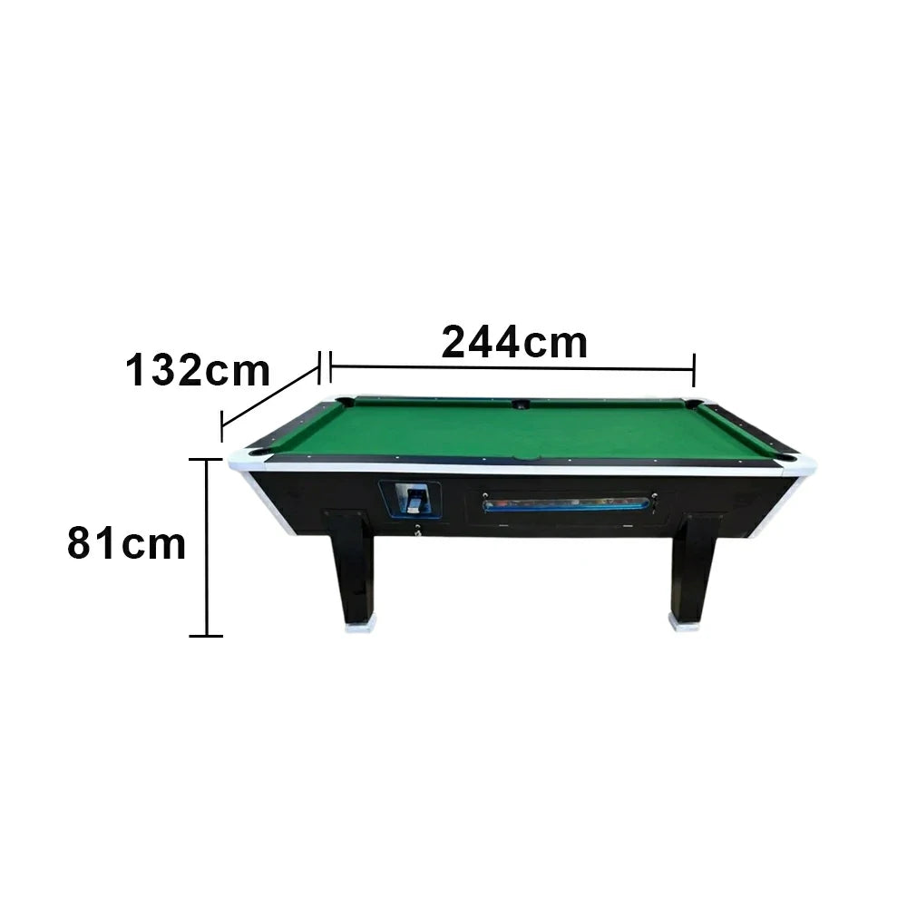 CUETIQ 7FT/8FT Coin-Operated Pool Table – MDF/Marble Top, Ball Storage Box, Reinforced Iron Legs, Black Border Design - Green