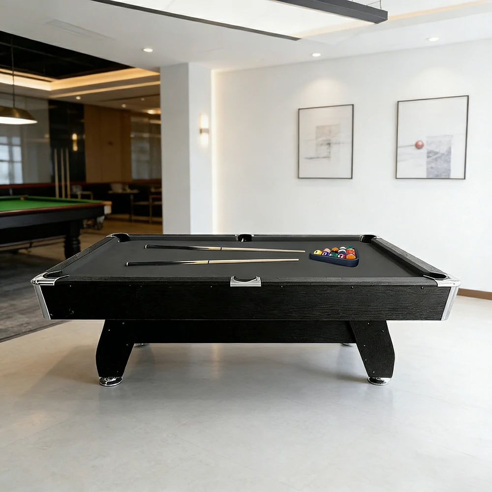CUETIQ 9FT MDF Pool Snooker Billiard Table - Modern Luxury Design with Ball Return System, Adjustable Leg Levellers, Full Accessories Included - Black Frame Black Felt