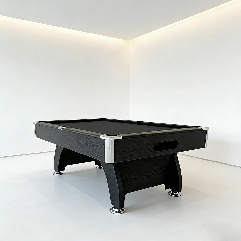 CUETIQ 9FT MDF Pool Snooker Billiard Table - Modern Luxury Design with Ball Return System, Adjustable Leg Levellers, Full Accessories Included - Black Frame Black Felt