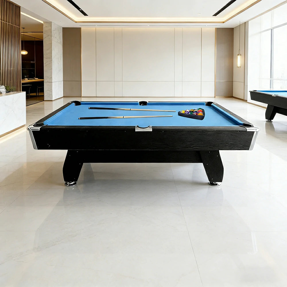 CUETIQ 9FT MDF Pool Snooker Billiard Table - Modern Luxury Design with Ball Return System, Adjustable Leg Levellers, Full Accessories Included - Black Frame Blue Felt