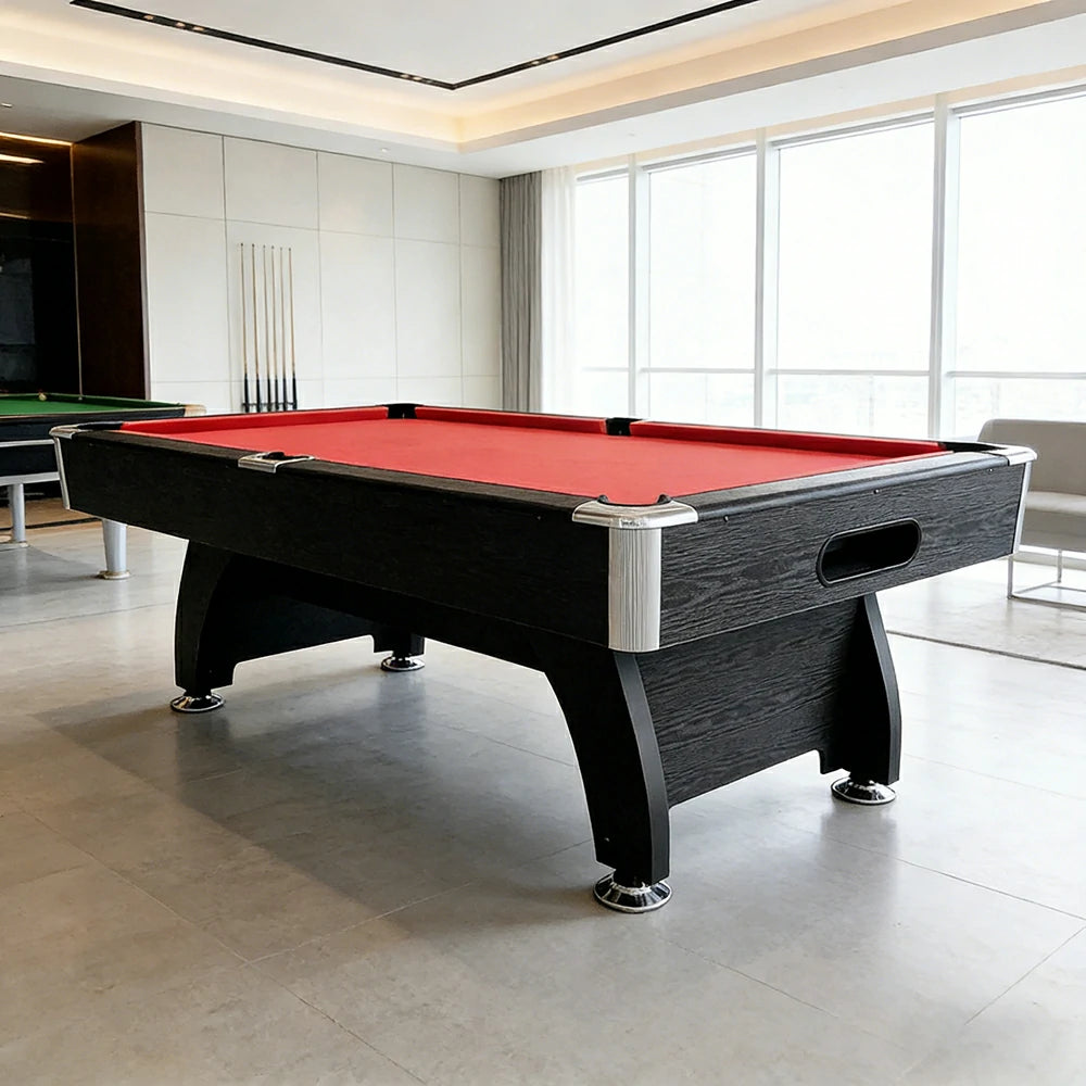CUETIQ 9FT MDF Pool Snooker Billiard Table - Modern Luxury Design with Ball Return System, Adjustable Leg Levellers, Full Accessories Included - Black Frame Red Felt