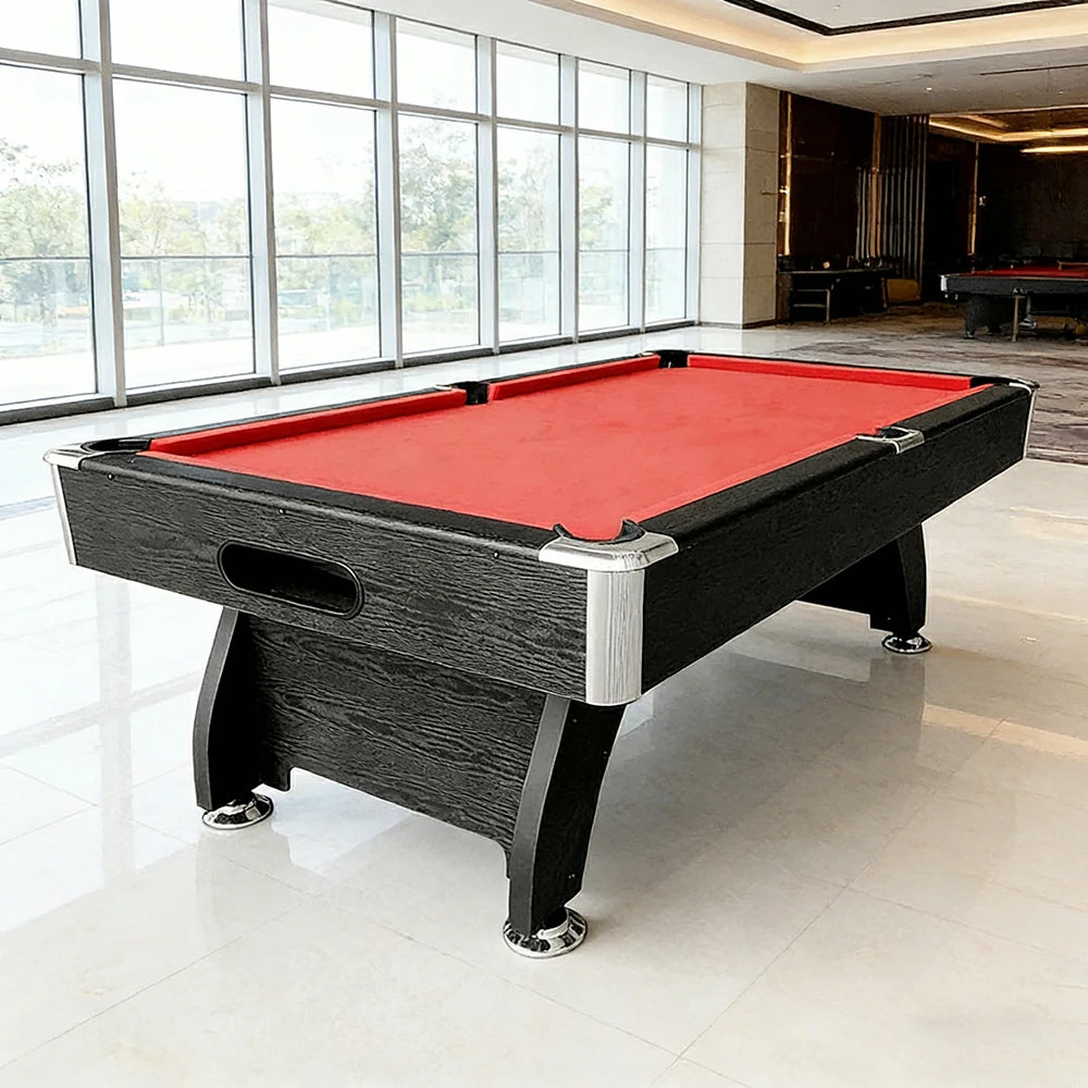 CUETIQ 9FT MDF Pool Snooker Billiard Table - Modern Luxury Design with Ball Return System, Adjustable Leg Levellers, Full Accessories Included - Black Frame Red Felt