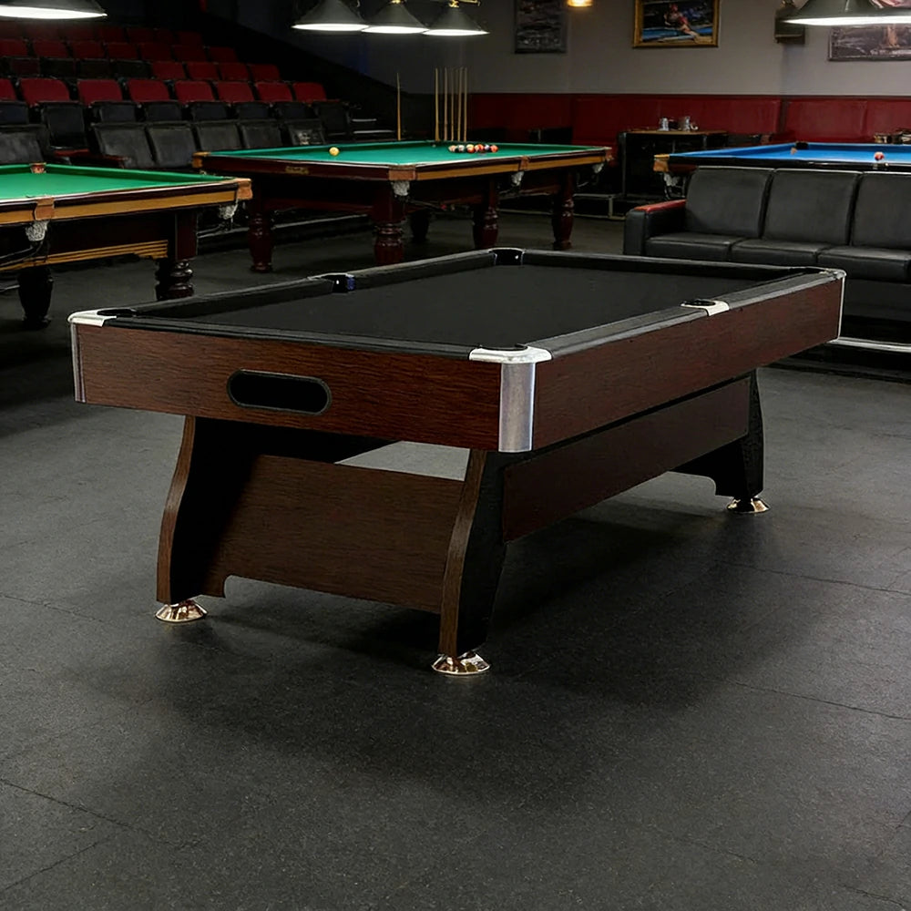 CUETIQ 9FT MDF Pool Snooker Billiard Table with Accessories Pack - Ball Return System, Adjustable Leg Levellers - Walnut Frame Black Felt