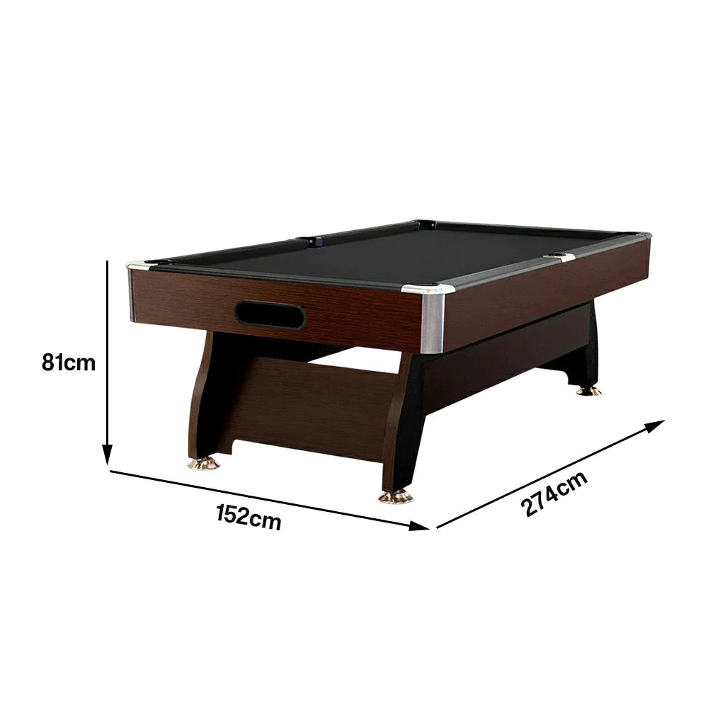 CUETIQ 9FT MDF Pool Snooker Billiard Table with Accessories Pack - Ball Return System, Adjustable Leg Levellers - Walnut Frame Black Felt