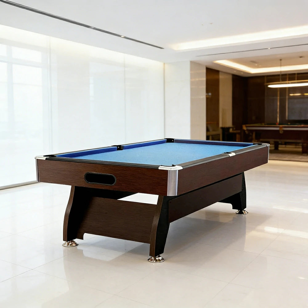 CUETIQ 9FT MDF Pool Snooker Billiard Table with Accessories Pack - Ball Return System, Adjustable Leg Levellers - Walnut Frame Blue Felt