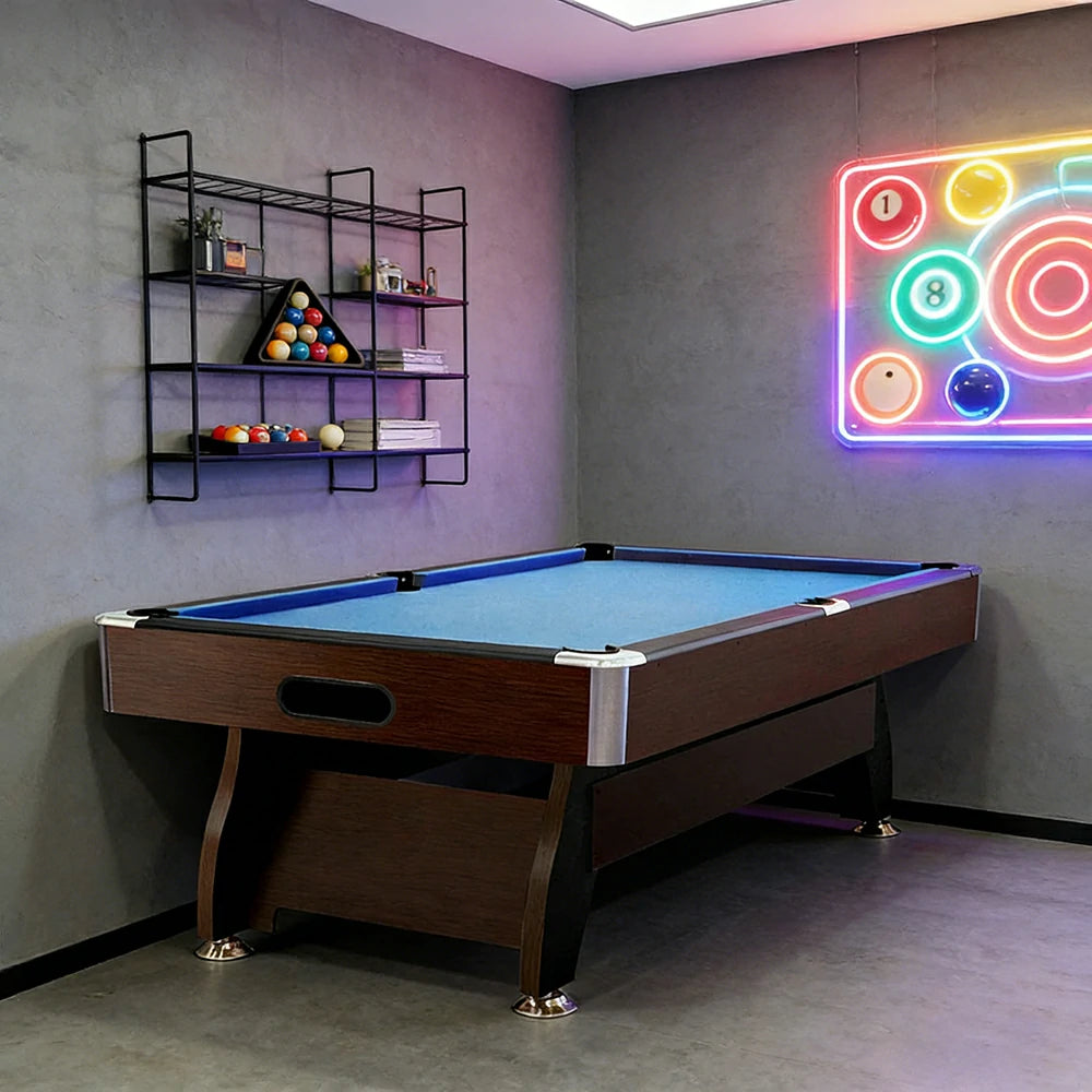 CUETIQ 9FT MDF Pool Snooker Billiard Table with Accessories Pack - Ball Return System, Adjustable Leg Levellers - Walnut Frame Blue Felt