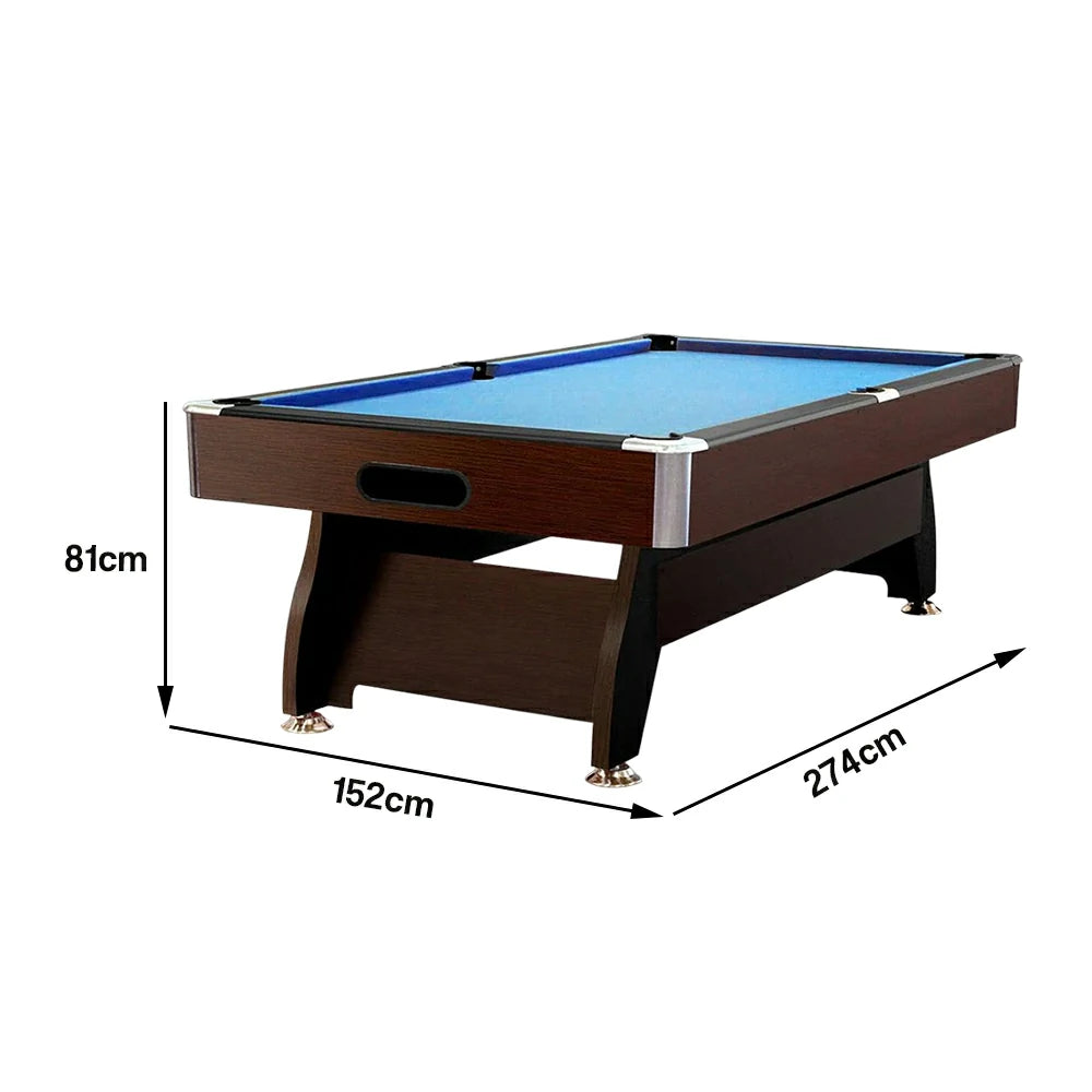 CUETIQ 9FT MDF Pool Snooker Billiard Table with Accessories Pack - Ball Return System, Adjustable Leg Levellers - Walnut Frame Blue Felt