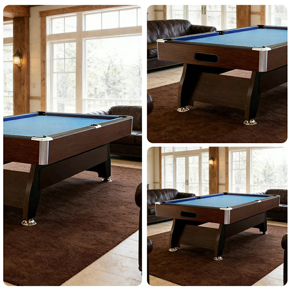 CUETIQ 9FT MDF Pool Snooker Billiard Table with Accessories Pack - Ball Return System, Adjustable Leg Levellers - Walnut Frame Blue Felt