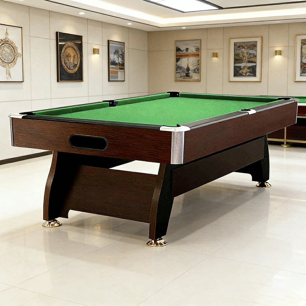 CUETIQ 9FT MDF Pool Snooker Billiard Table with Accessories Pack - Ball Return System, Adjustable Leg Levellers - Walnut Frame Green Felt