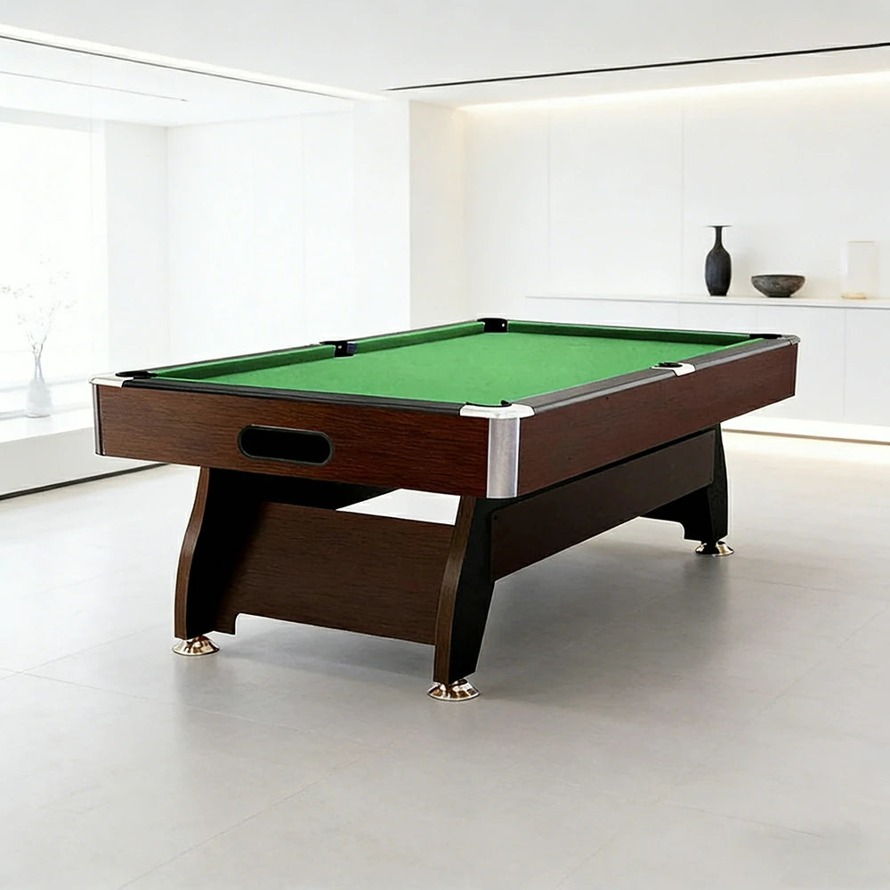 CUETIQ 9FT MDF Pool Snooker Billiard Table with Accessories Pack - Ball Return System, Adjustable Leg Levellers - Walnut Frame Green Felt