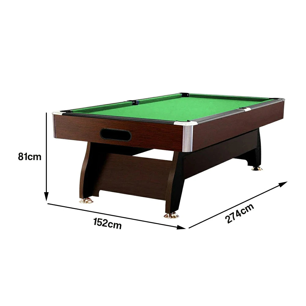 CUETIQ 9FT MDF Pool Snooker Billiard Table with Accessories Pack - Ball Return System, Adjustable Leg Levellers - Walnut Frame Green Felt