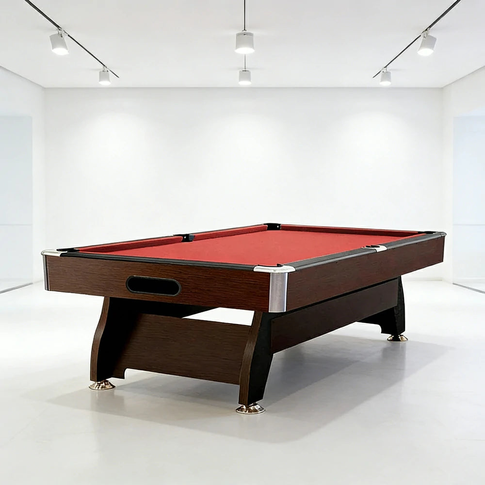CUETIQ 9FT MDF Pool Snooker Billiard Table with Accessories Pack - Ball Return System, Adjustable Leg Levellers - Walnut Frame Red Felt