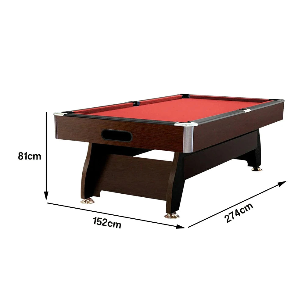 CUETIQ 9FT MDF Pool Snooker Billiard Table with Accessories Pack - Ball Return System, Adjustable Leg Levellers - Walnut Frame Red Felt