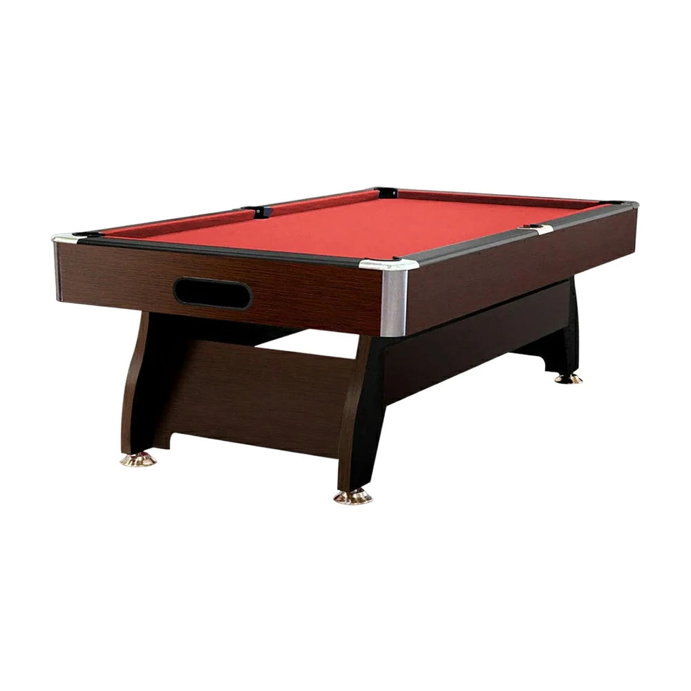 CUETIQ 9FT MDF Pool Snooker Billiard Table with Accessories Pack - Ball Return System, Adjustable Leg Levellers - Walnut Frame Red Felt