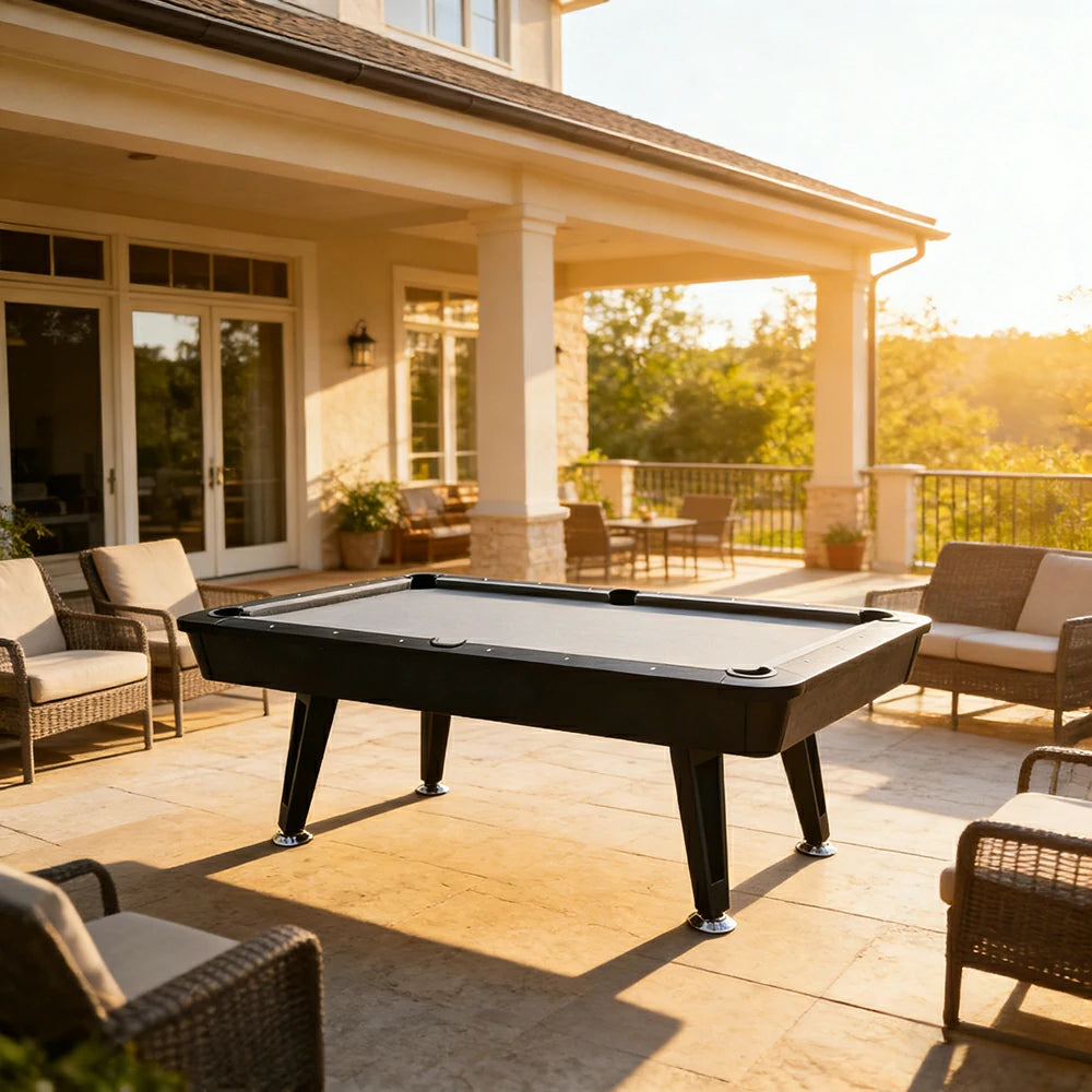 CUETIQ P032 7FT/8FT Modern MDF Billiard Table - Matte Grey Top, Heavy-Duty Metal Legs, Stable Four-Leg Design - Grey Black