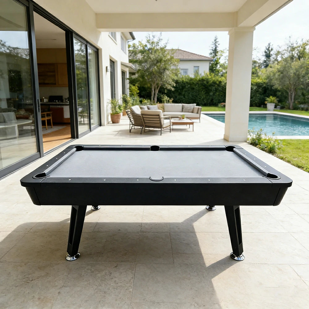CUETIQ P032 7FT/8FT Modern MDF Billiard Table - Matte Grey Top, Heavy-Duty Metal Legs, Stable Four-Leg Design - Grey Black