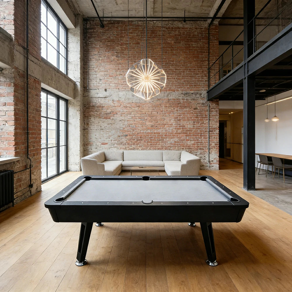 CUETIQ P032 7FT/8FT Modern MDF Billiard Table - Matte Grey Top, Heavy-Duty Metal Legs, Stable Four-Leg Design - Grey Black