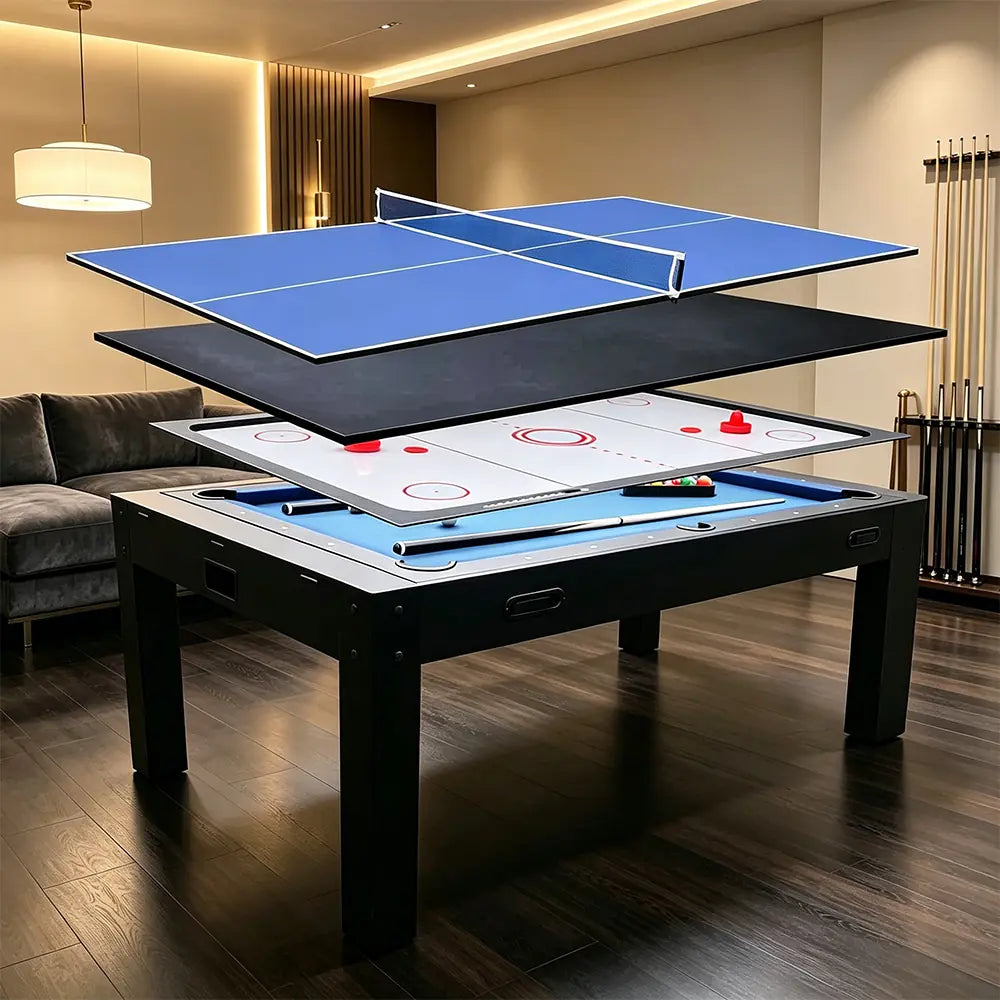CUETIQ 7FT MDF 4-IN-1 Convertible Multi-function Table Free Accessories Air Hockey/ Billiards Table/ Dining Table/ Table Tennis Table - Black&Blue
