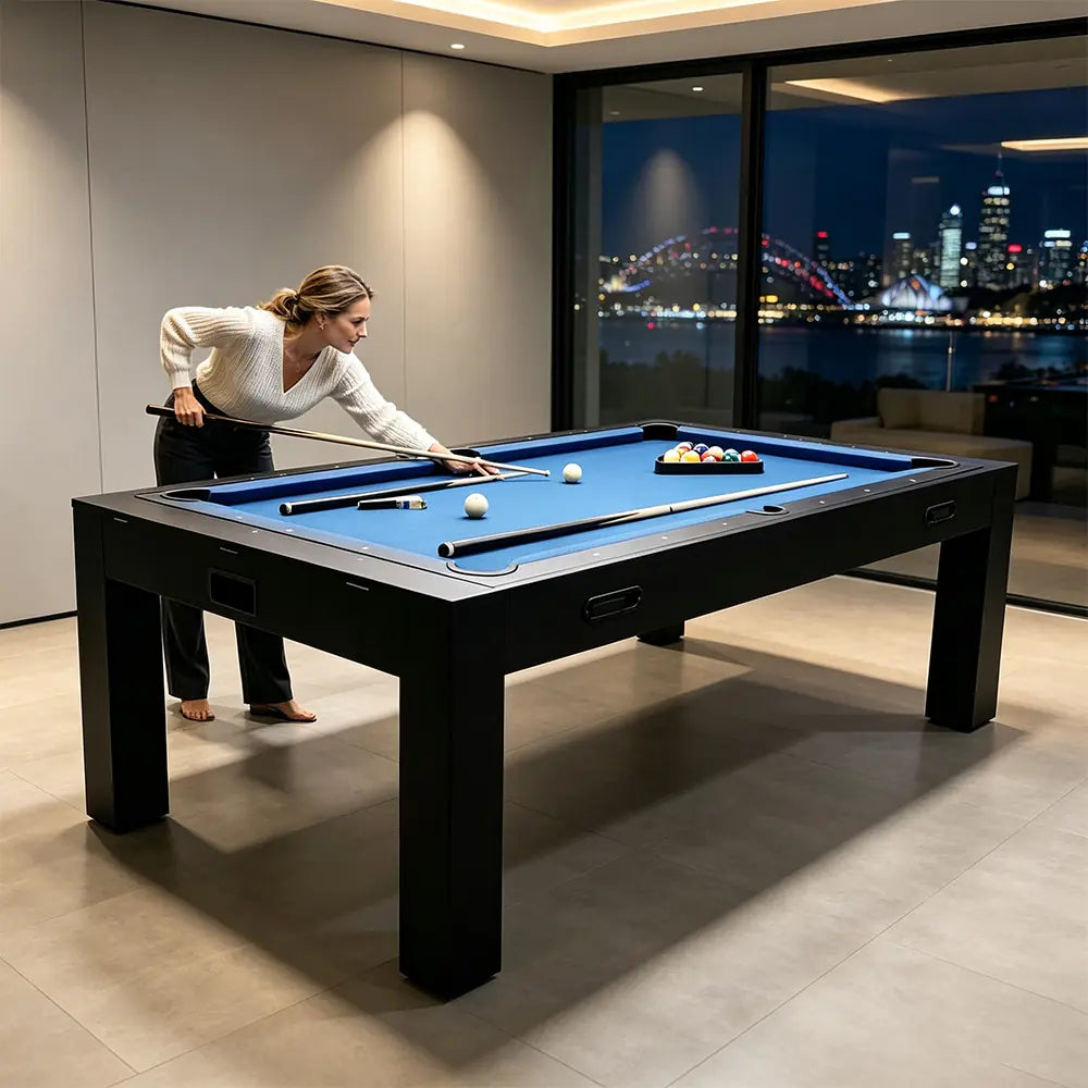 CUETIQ 7FT MDF 4-IN-1 Convertible Multi-function Table Free Accessories Air Hockey/ Billiards Table/ Dining Table/ Table Tennis Table - Black&Blue