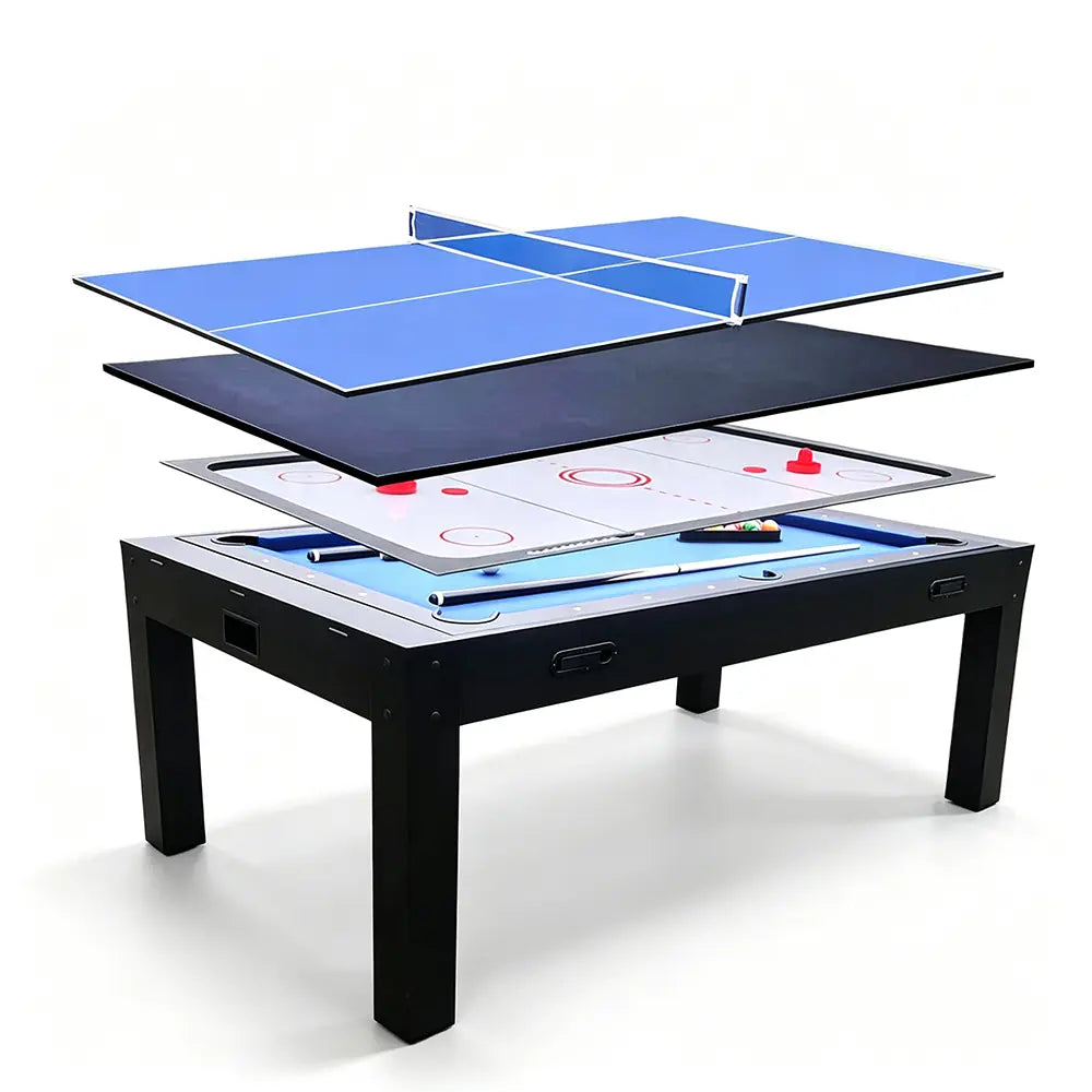 CUETIQ 7FT MDF 4-IN-1 Convertible Multi-function Table Free Accessories Air Hockey/ Billiards Table/ Dining Table/ Table Tennis Table - Black&Blue