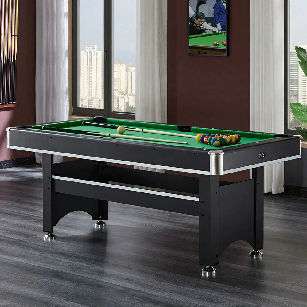 CUETIQ 6FT Classic Billiard Table with Green Felt and Non-Foldable Frame for Game Room - Black
