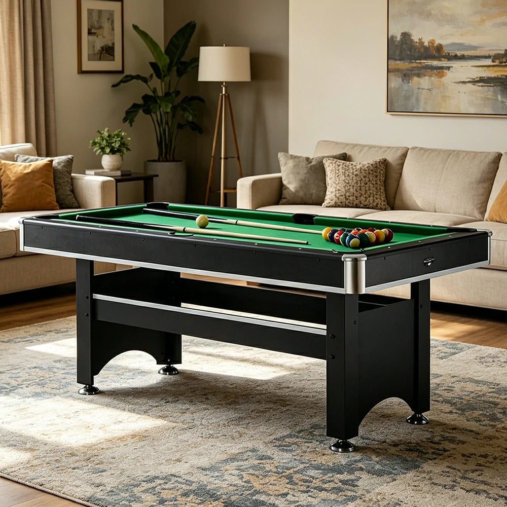 CUETIQ 6FT Classic Billiard Table with Green Felt and Non-Foldable Frame for Game Room - Black