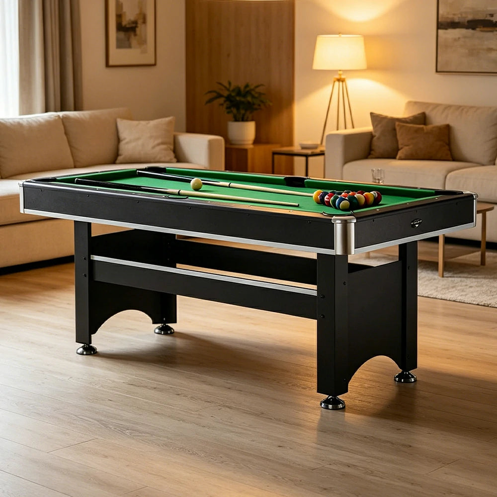 CUETIQ 6FT Classic Billiard Table with Green Felt and Non-Foldable Frame for Game Room - Black