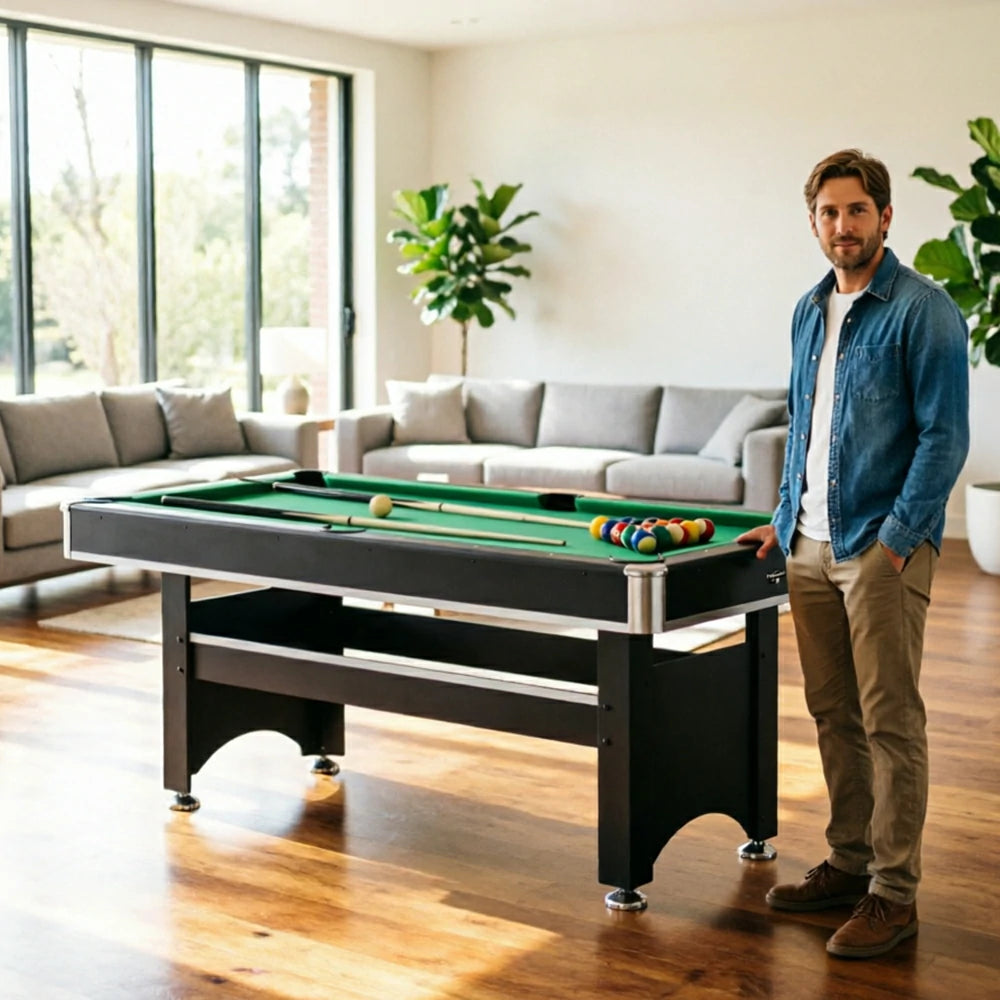 CUETIQ 6FT Classic Billiard Table with Green Felt and Non-Foldable Frame for Game Room - Black