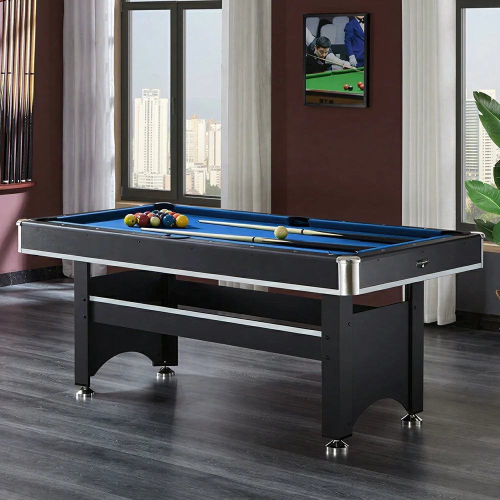 CUETIQ 6FT Classic Billiard Table with Green Felt and Non-Foldable Frame for Game Room - Blue
