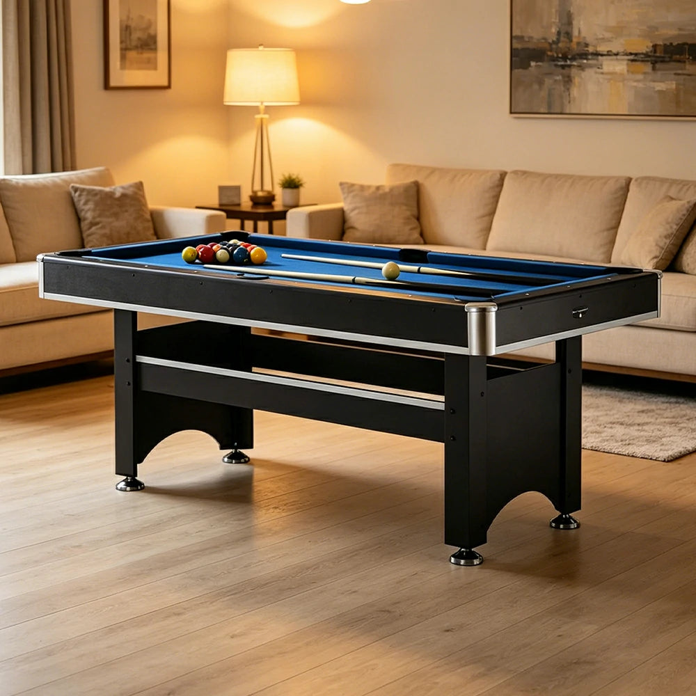 CUETIQ 6FT Classic Billiard Table with Green Felt and Non-Foldable Frame for Game Room - Blue