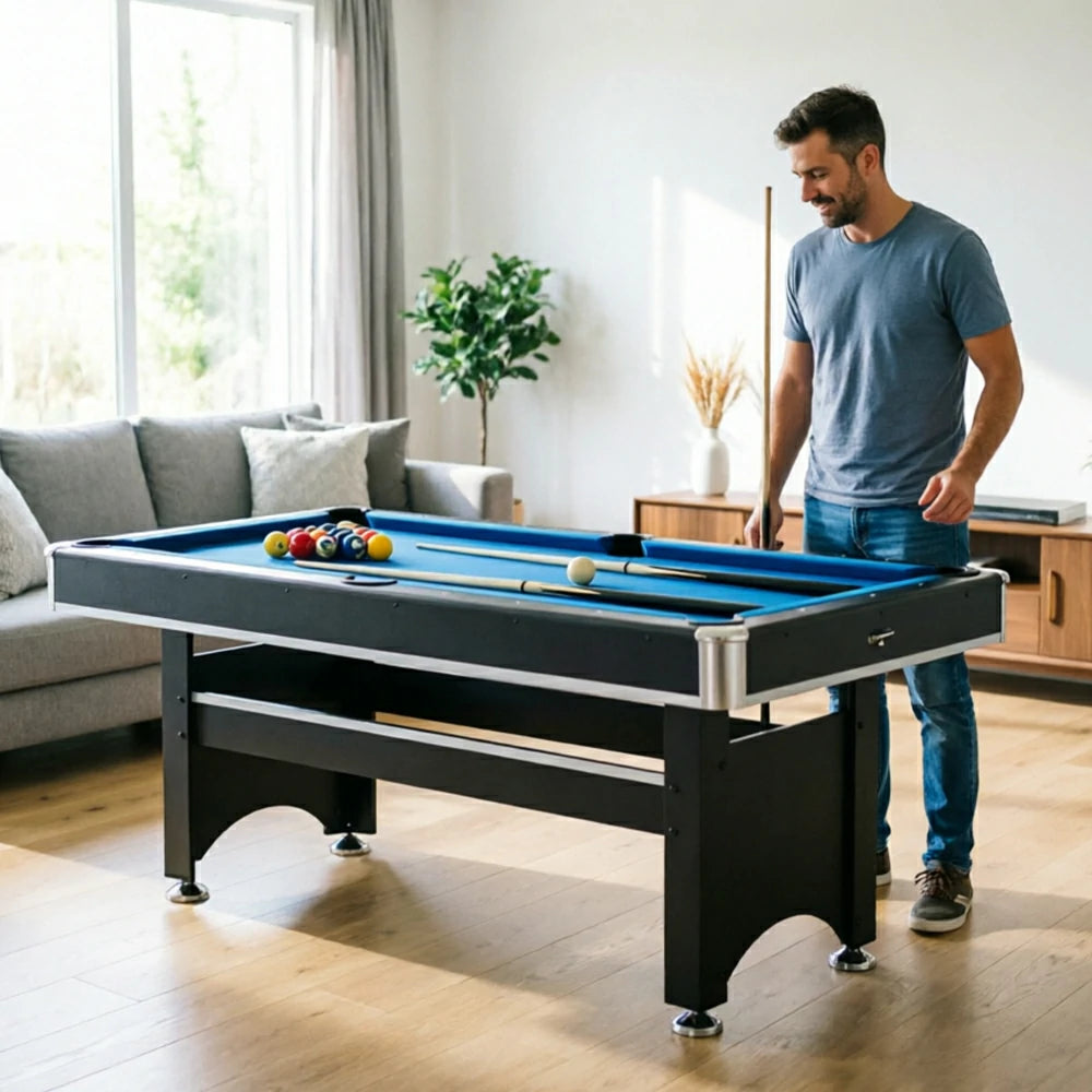 CUETIQ 6FT Classic Billiard Table with Green Felt and Non-Foldable Frame for Game Room - Blue
