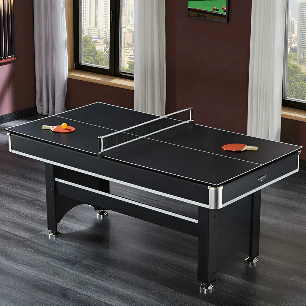 CUETIQ 6FT 3-in-1 Billiard Table with Table Tennis Top and Green Felt for Game Room - Black