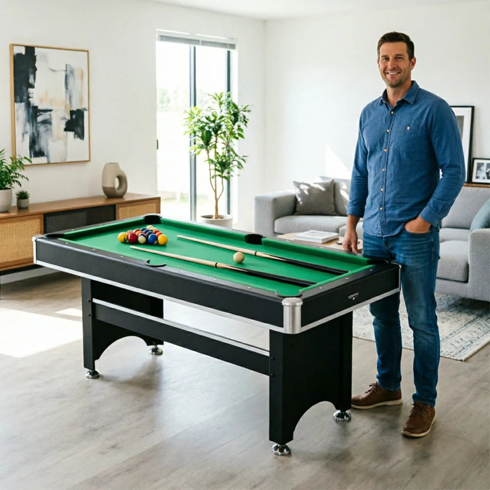 CUETIQ 6FT 3-in-1 Billiard Table with Table Tennis Top and Green Felt for Game Room - Black