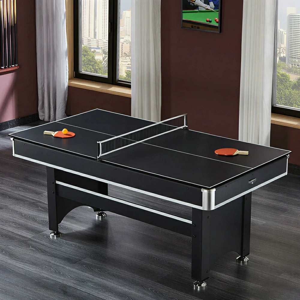 CUETIQ 6FT 3-in-1 Billiard Table with Table Tennis Top and Green Felt for Game Room - Blue