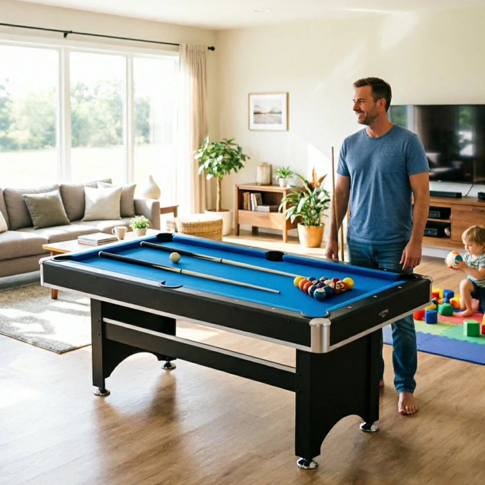 CUETIQ 6FT 3-in-1 Billiard Table with Table Tennis Top and Green Felt for Game Room - Blue