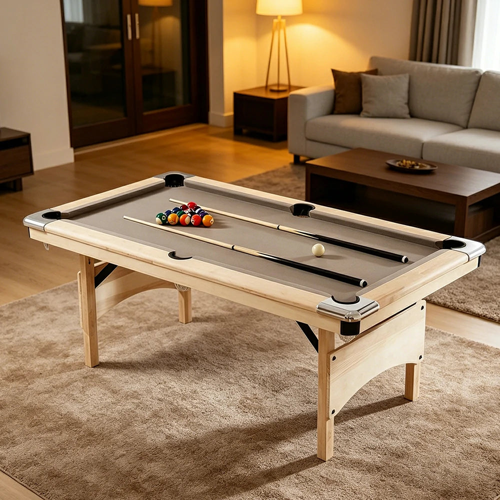 CUETIQ 1.93M Foldable Solid Wood Billiard Table with Grey Felt for Home Game Room - Natural