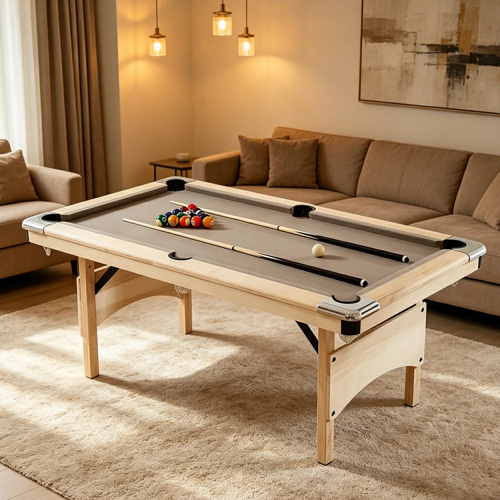 CUETIQ 1.93M Foldable Solid Wood Billiard Table with Grey Felt for Home Game Room - Natural