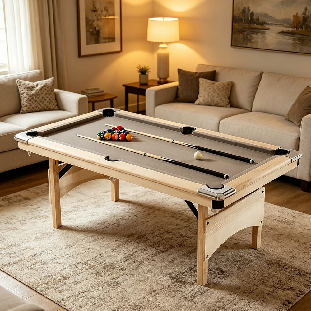 CUETIQ 1.93M Foldable Solid Wood Billiard Table with Grey Felt for Home Game Room - Natural