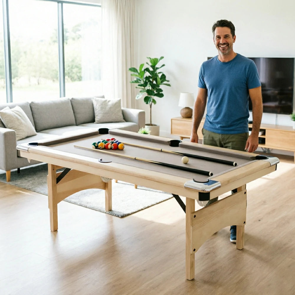CUETIQ 1.93M Foldable Solid Wood Billiard Table with Grey Felt for Home Game Room - Natural