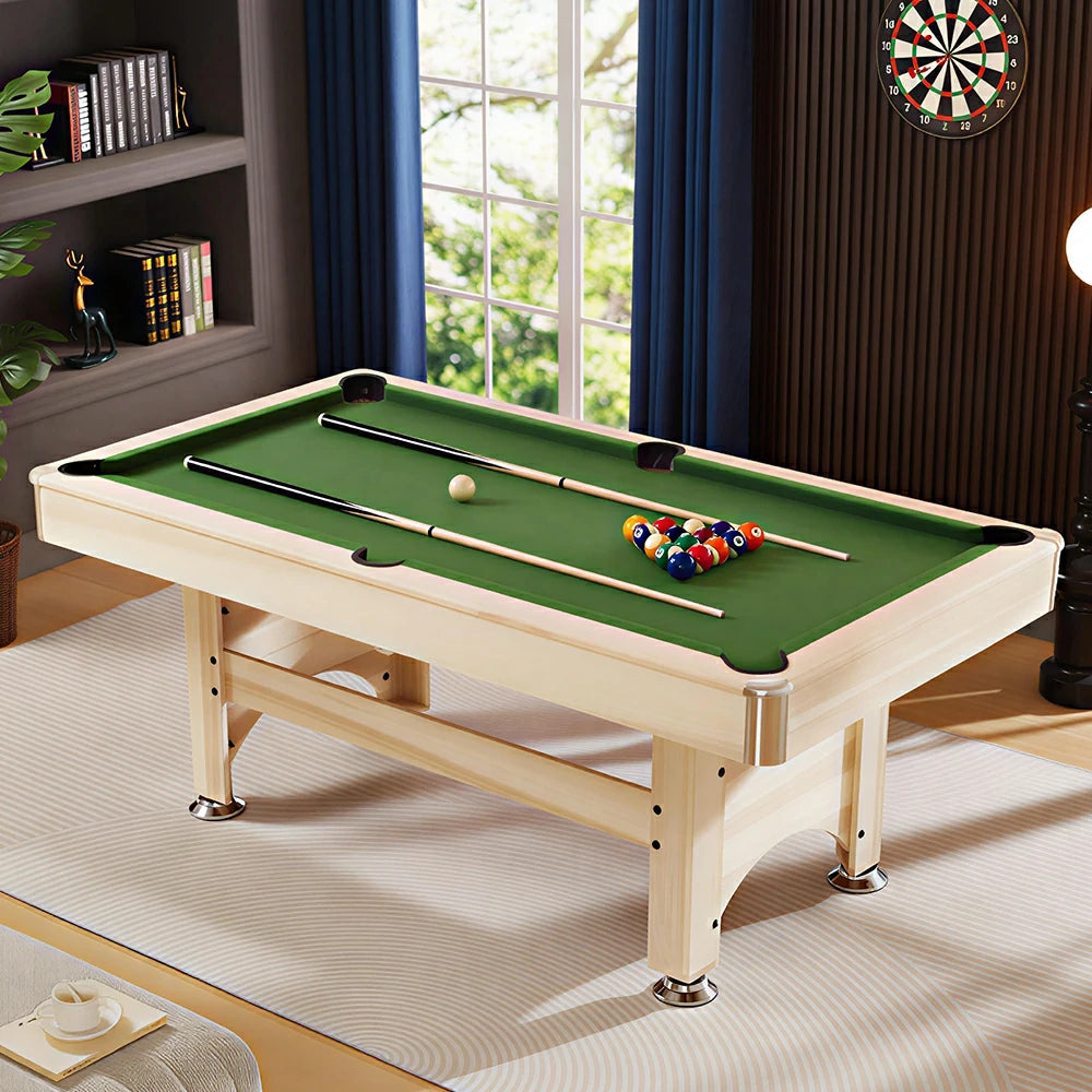 CUETIQ 1.93M Solid Wood Billiard Table with Green Felt for Home Game Room - Natural