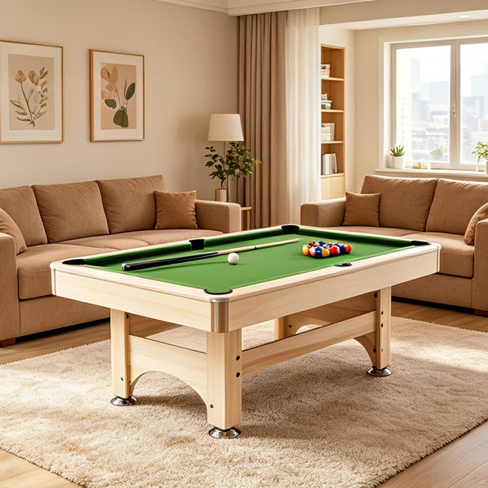 CUETIQ 1.93M Solid Wood Billiard Table with Green Felt for Home Game Room - Natural